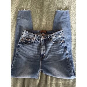 Judy Blue Jeans Sz 11/30 High Rise Ankle Skinny Frayed Hem Distressed Denim